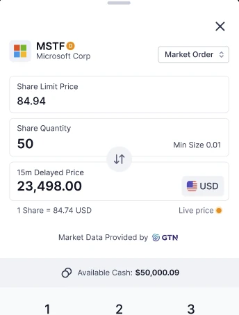Buy order sheet for a US share with limit price, quantity and available cash