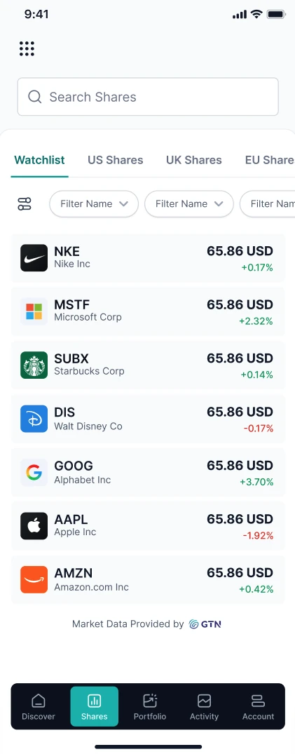 Stocks watchlist screen listing US shares with prices and daily change